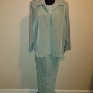 Blair, 3pc Silk Pant Set, Sage Green, Long Sleeves, Dry Cleaned, Size-XL Petite